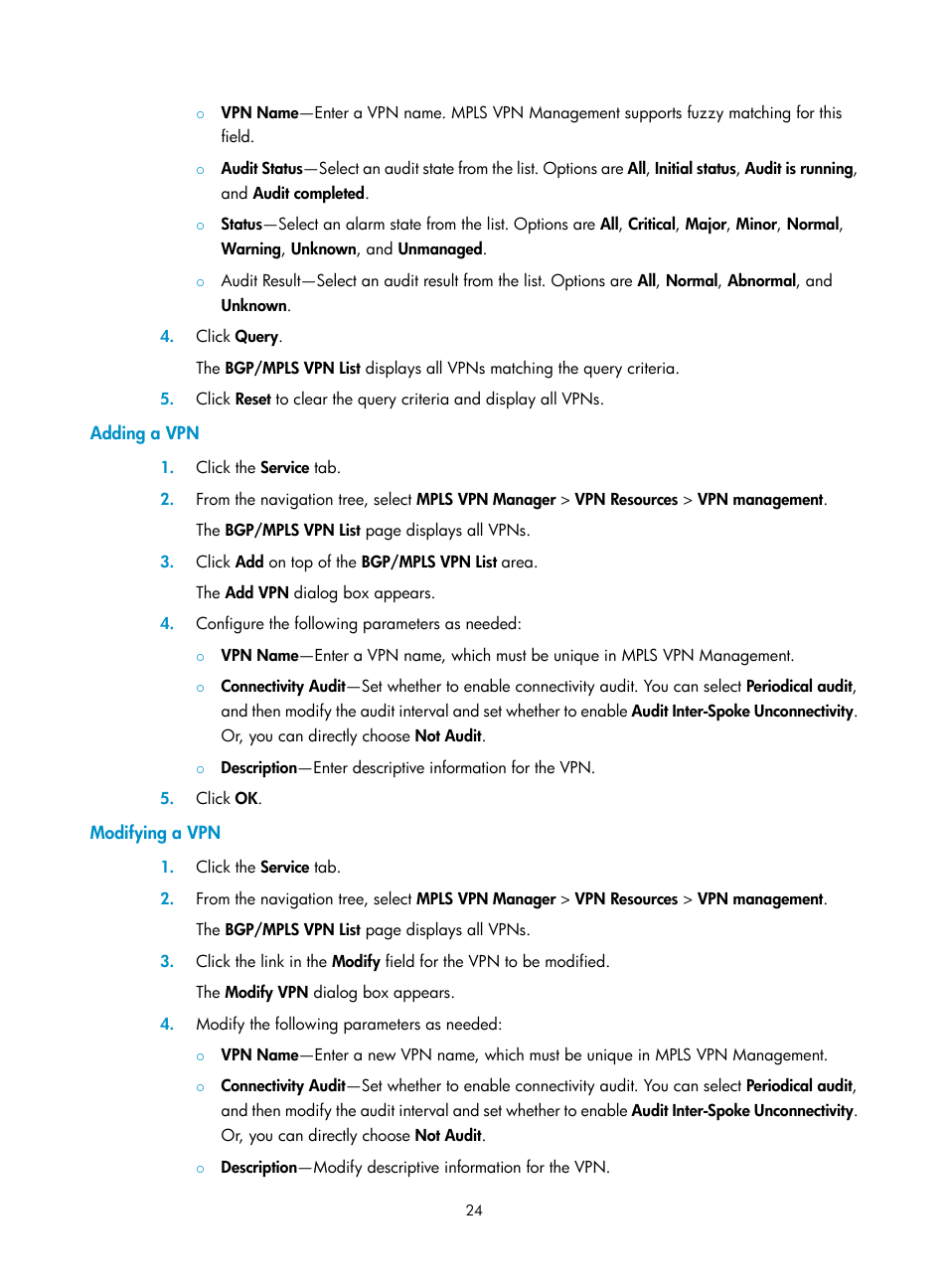 Adding a vpn, Modifying a vpn | H3C Technologies H3C Intelligent Management Center User Manual | Page 34 / 273