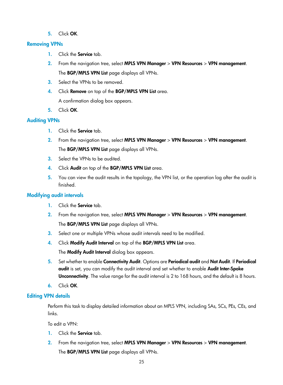 Removing vpns, Auditing vpns, Modifying audit intervals | Editing vpn details | H3C Technologies H3C Intelligent Management Center User Manual | Page 35 / 273