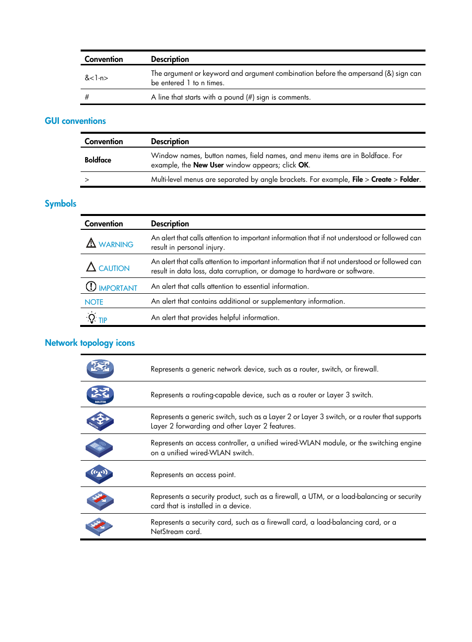 Gui conventions, Symbols, Network topology icons | H3C Technologies H3C Intelligent Management Center User Manual | Page 4 / 273