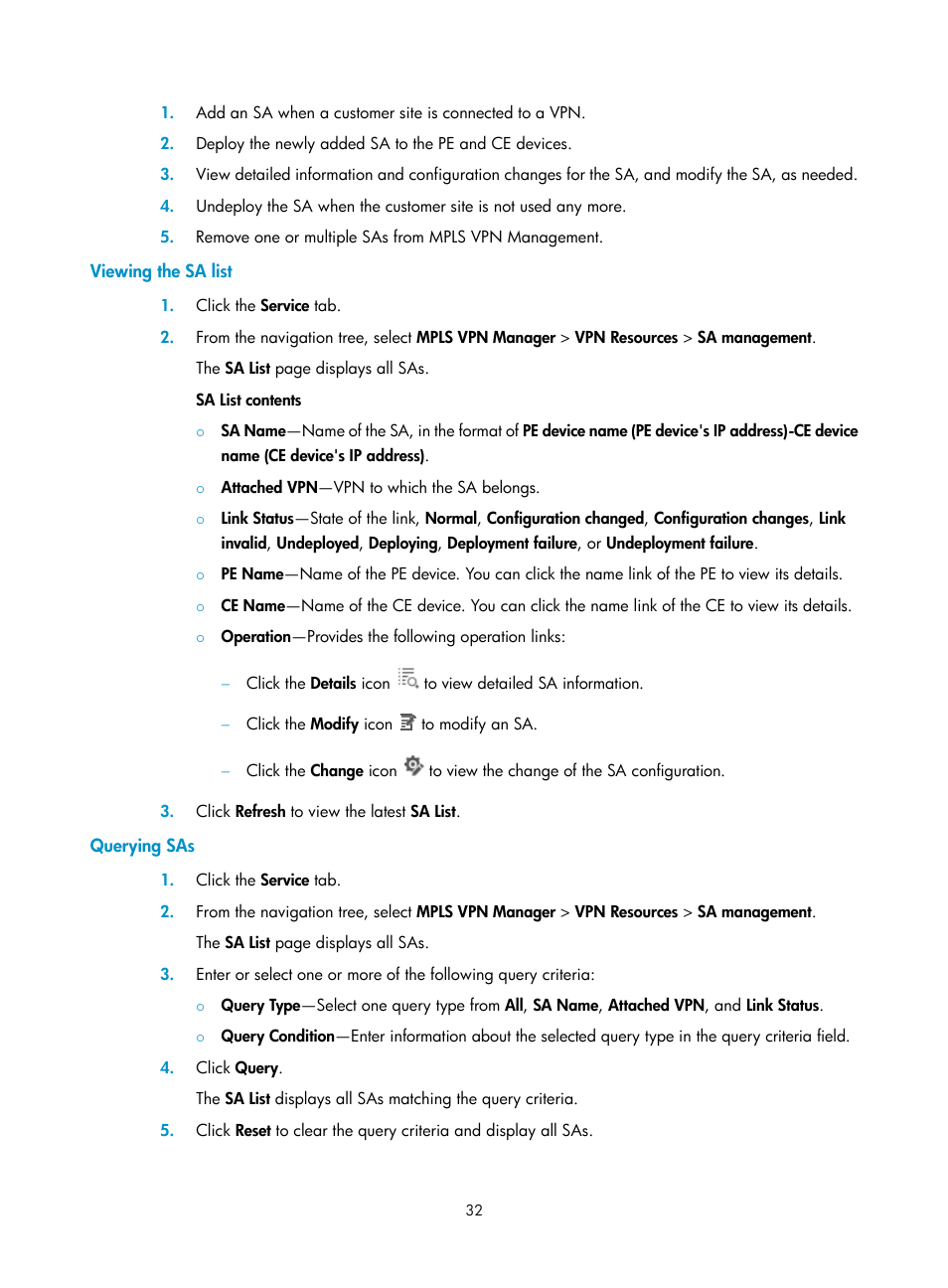 Viewing the sa list, Querying sas | H3C Technologies H3C Intelligent Management Center User Manual | Page 42 / 273