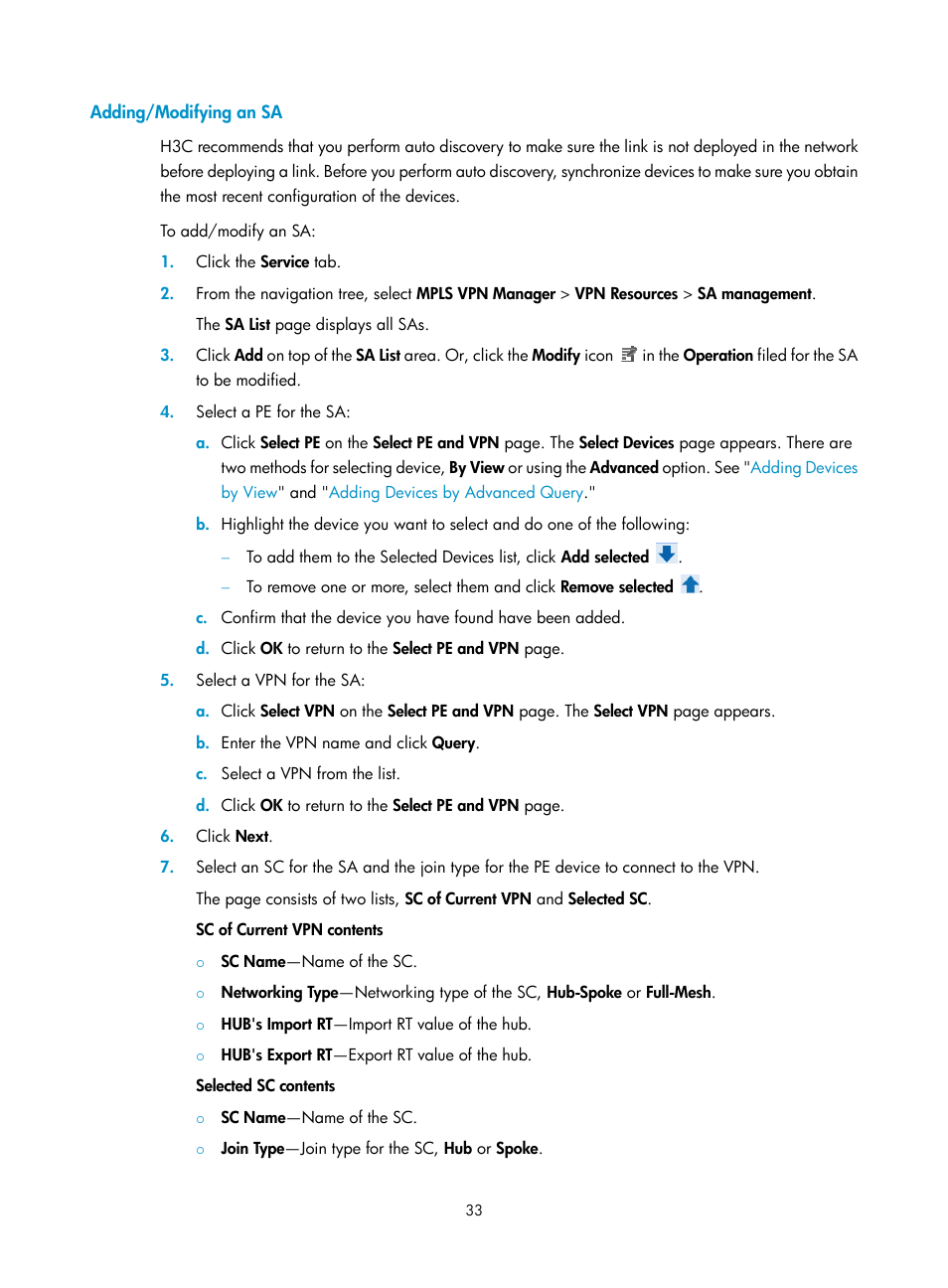 Adding/modifying an sa | H3C Technologies H3C Intelligent Management Center User Manual | Page 43 / 273