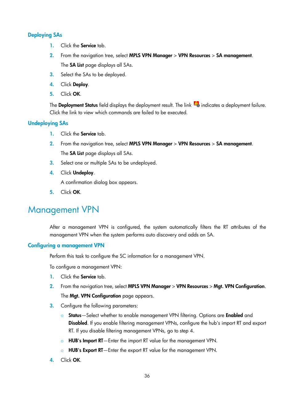 Deploying sas, Undeploying sas, Management vpn | Configuring a management vpn | H3C Technologies H3C Intelligent Management Center User Manual | Page 46 / 273