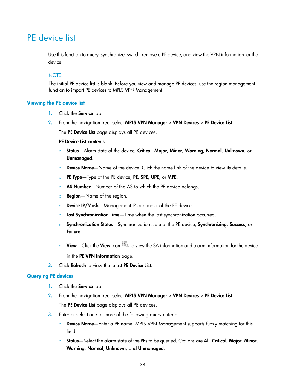 Pe device list, Viewing the pe device list, Querying pe devices | H3C Technologies H3C Intelligent Management Center User Manual | Page 48 / 273