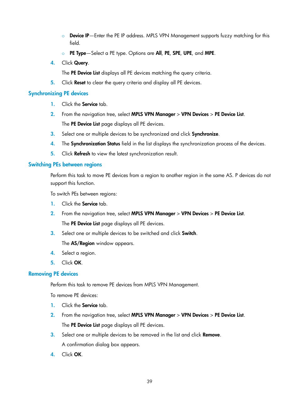 Synchronizing pe devices, Switching pes between regions, Removing pe devices | H3C Technologies H3C Intelligent Management Center User Manual | Page 49 / 273