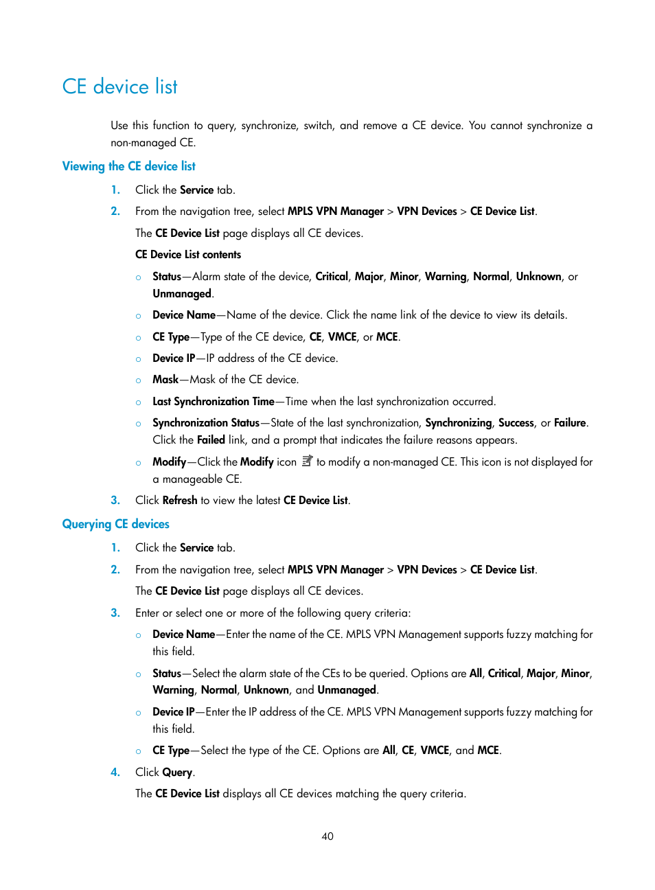 Ce device list, Viewing the ce device list, Querying ce devices | H3C Technologies H3C Intelligent Management Center User Manual | Page 50 / 273