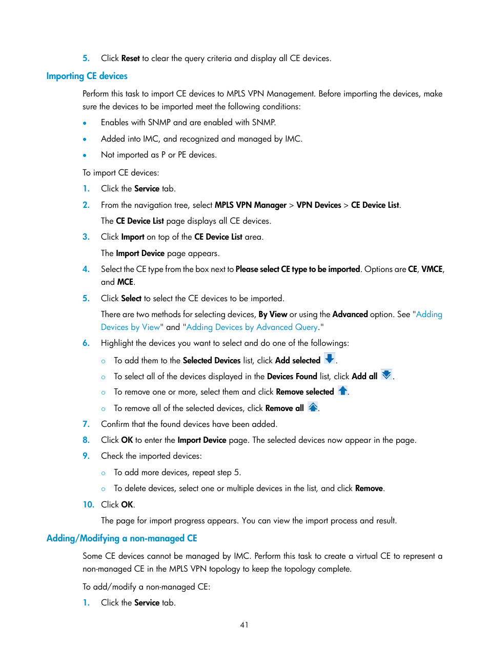 Importing ce devices, Adding/modifying a non-managed ce | H3C Technologies H3C Intelligent Management Center User Manual | Page 51 / 273