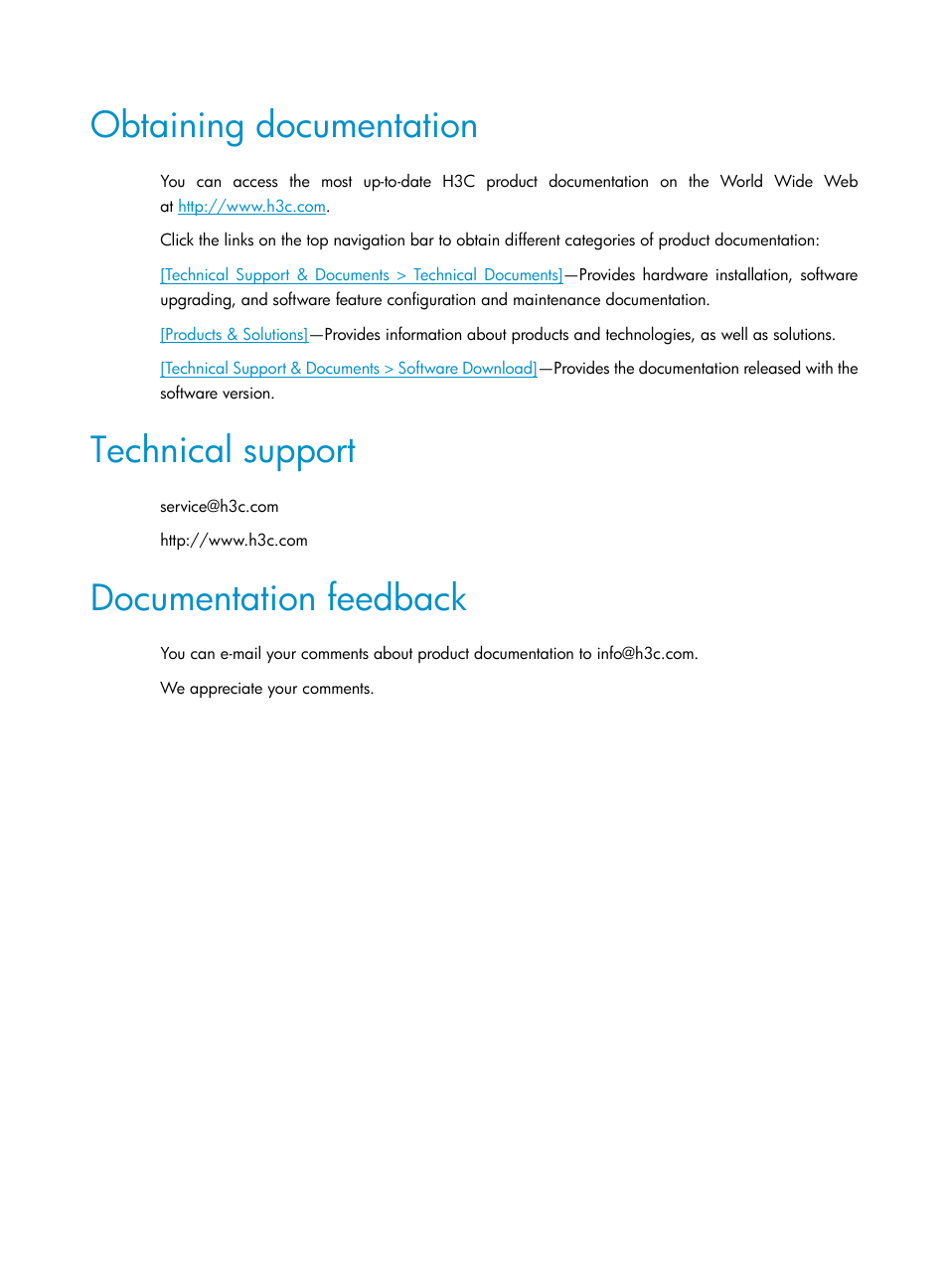 Obtaining documentation, Technical support, Documentation feedback | H3C Technologies H3C Intelligent Management Center User Manual | Page 6 / 273