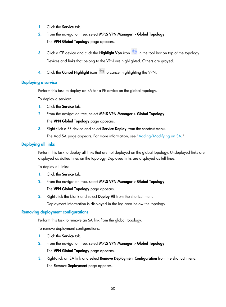 Deploying a service, Deploying all links, Removing deployment configurations | H3C Technologies H3C Intelligent Management Center User Manual | Page 60 / 273