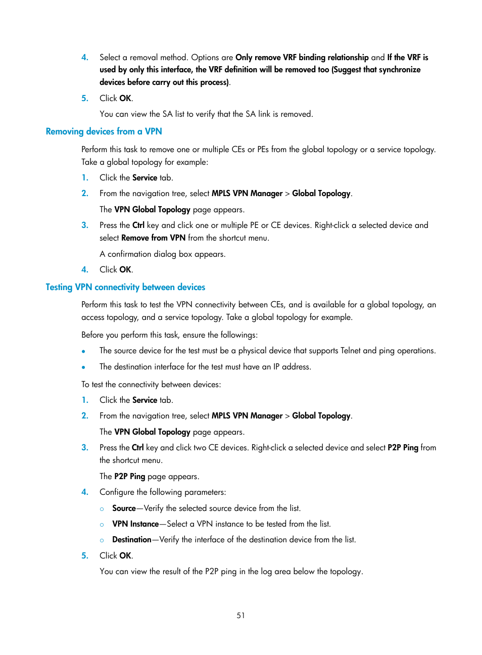 Removing devices from a vpn, Testing vpn connectivity between devices | H3C Technologies H3C Intelligent Management Center User Manual | Page 61 / 273