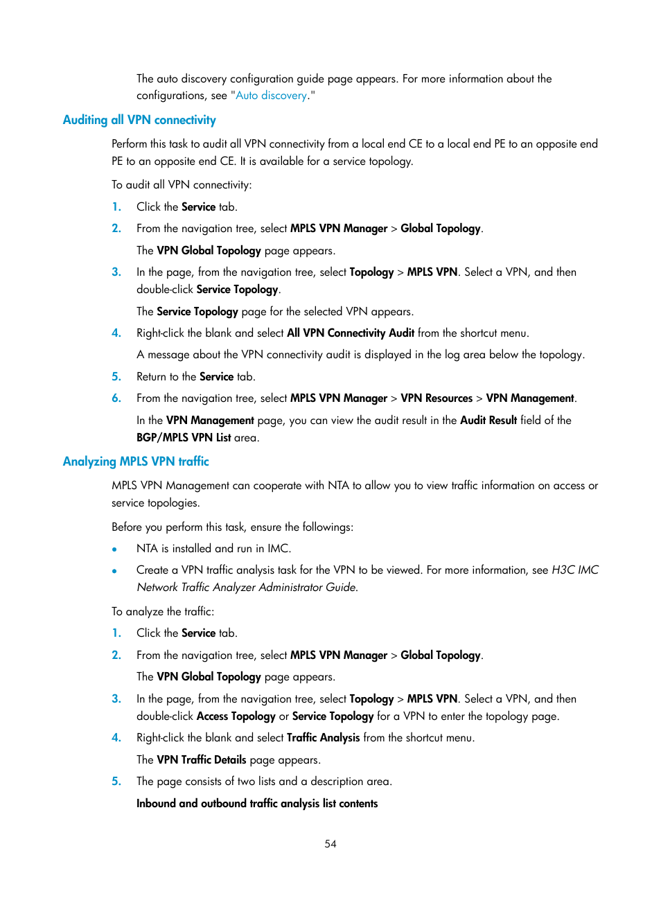 Auditing all vpn connectivity, Analyzing mpls vpn traffic | H3C Technologies H3C Intelligent Management Center User Manual | Page 64 / 273