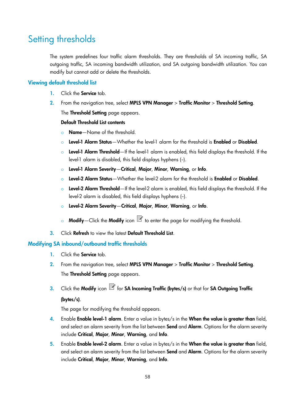 Setting thresholds, Viewing default threshold list, Modifying sa inbound/outbound traffic thresholds | H3C Technologies H3C Intelligent Management Center User Manual | Page 68 / 273