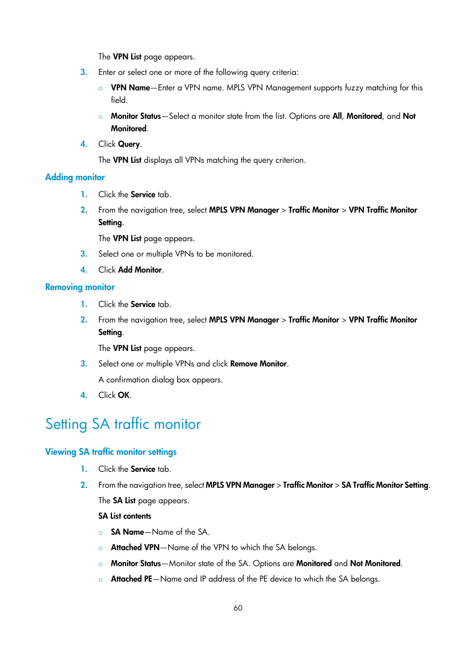 Adding monitor, Removing monitor, Setting sa traffic monitor | Viewing sa traffic monitor settings | H3C Technologies H3C Intelligent Management Center User Manual | Page 70 / 273