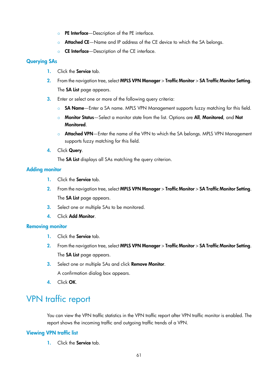 Querying sas, Adding monitor, Removing monitor | Vpn traffic report, Viewing vpn traffic list | H3C Technologies H3C Intelligent Management Center User Manual | Page 71 / 273