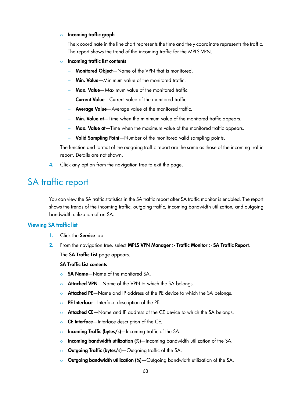 Sa traffic report, Viewing sa traffic list | H3C Technologies H3C Intelligent Management Center User Manual | Page 73 / 273