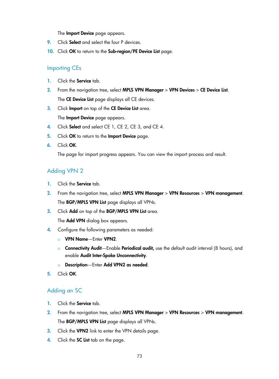 Importing ces, Adding vpn 2, Adding an sc | H3C Technologies H3C Intelligent Management Center User Manual | Page 83 / 273