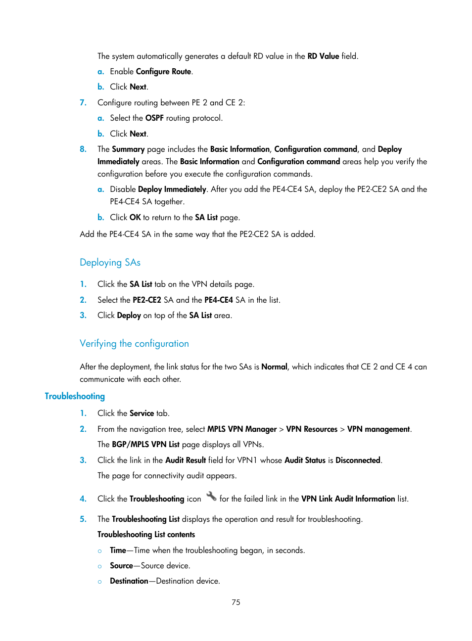 Deploying sas, Verifying the configuration, Troubleshooting | H3C Technologies H3C Intelligent Management Center User Manual | Page 85 / 273