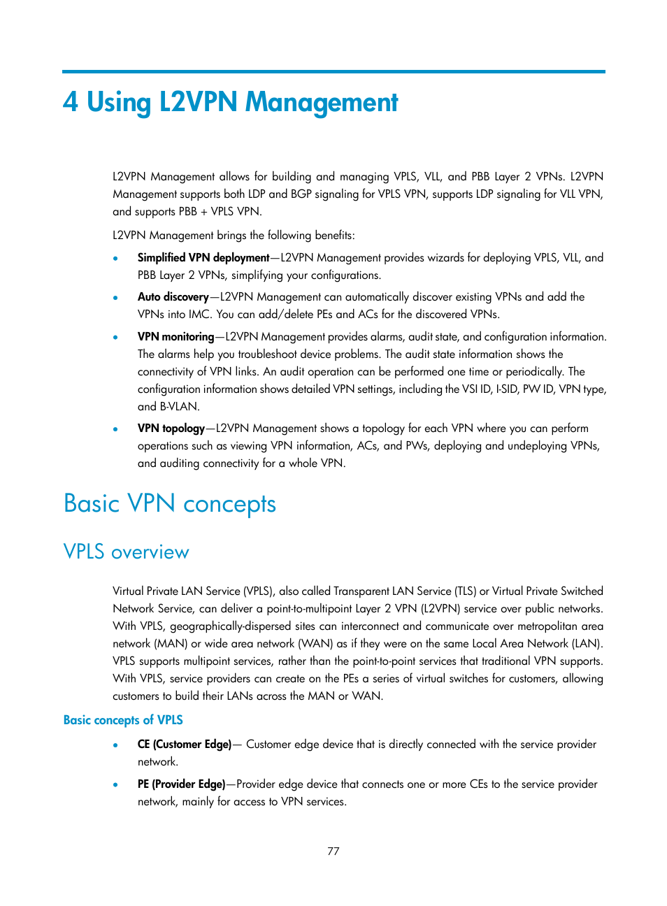 4 using l2vpn management, Basic vpn concepts, Vpls overview | Basic concepts of vpls | H3C Technologies H3C Intelligent Management Center User Manual | Page 87 / 273