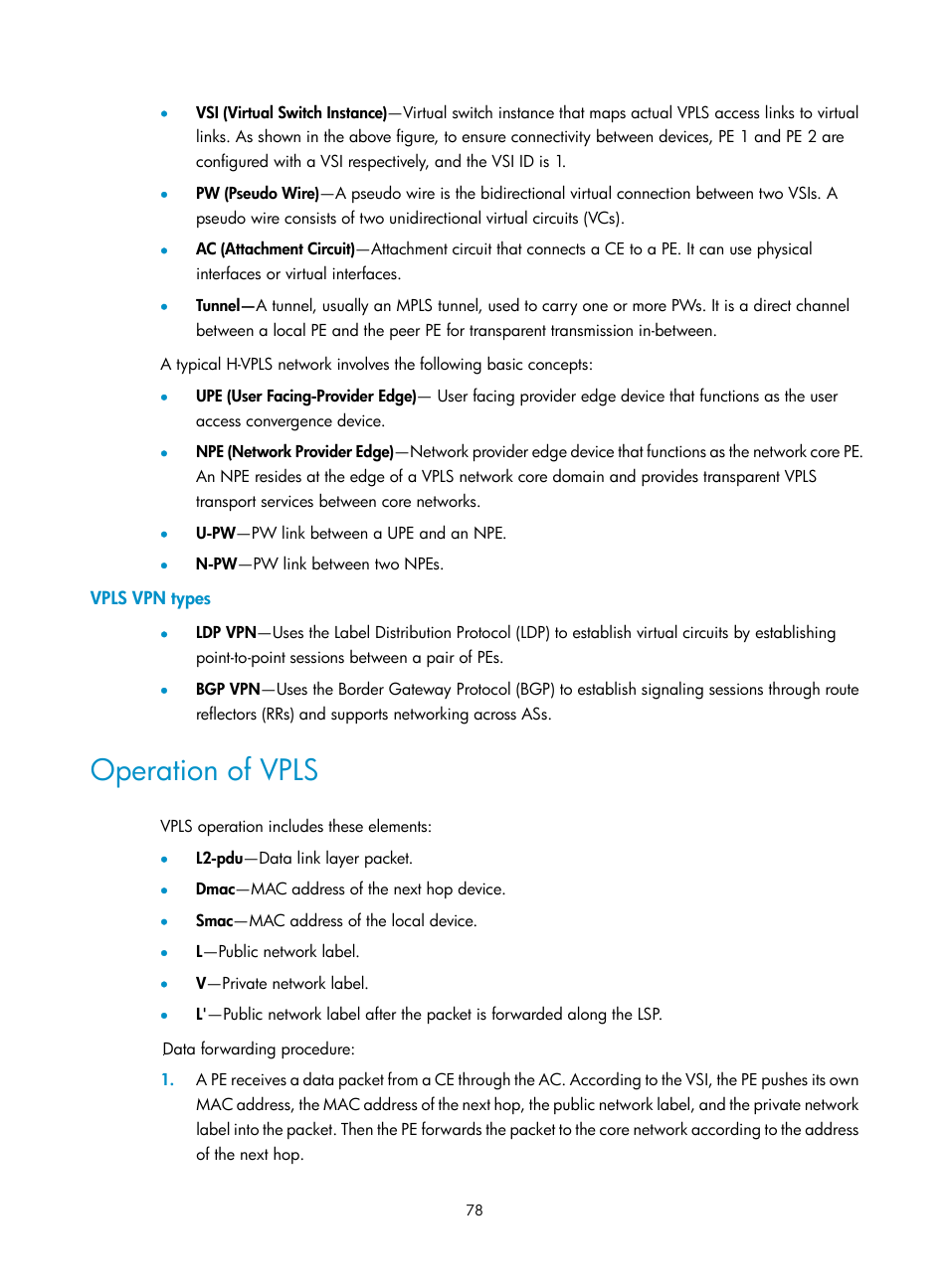 Vpls vpn types, Operation of vpls | H3C Technologies H3C Intelligent Management Center User Manual | Page 88 / 273