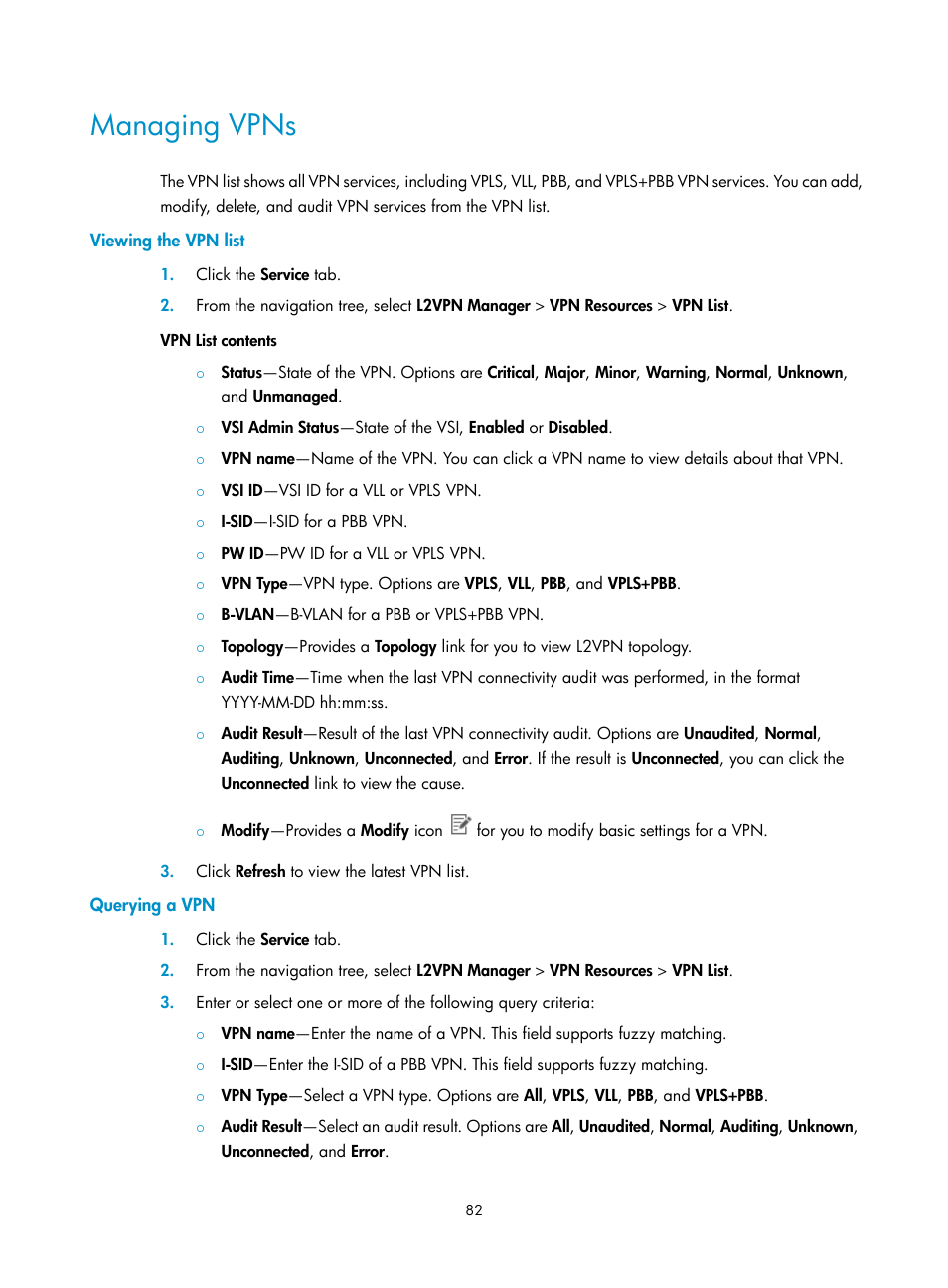 Managing vpns, Viewing the vpn list, Querying a vpn | H3C Technologies H3C Intelligent Management Center User Manual | Page 92 / 273