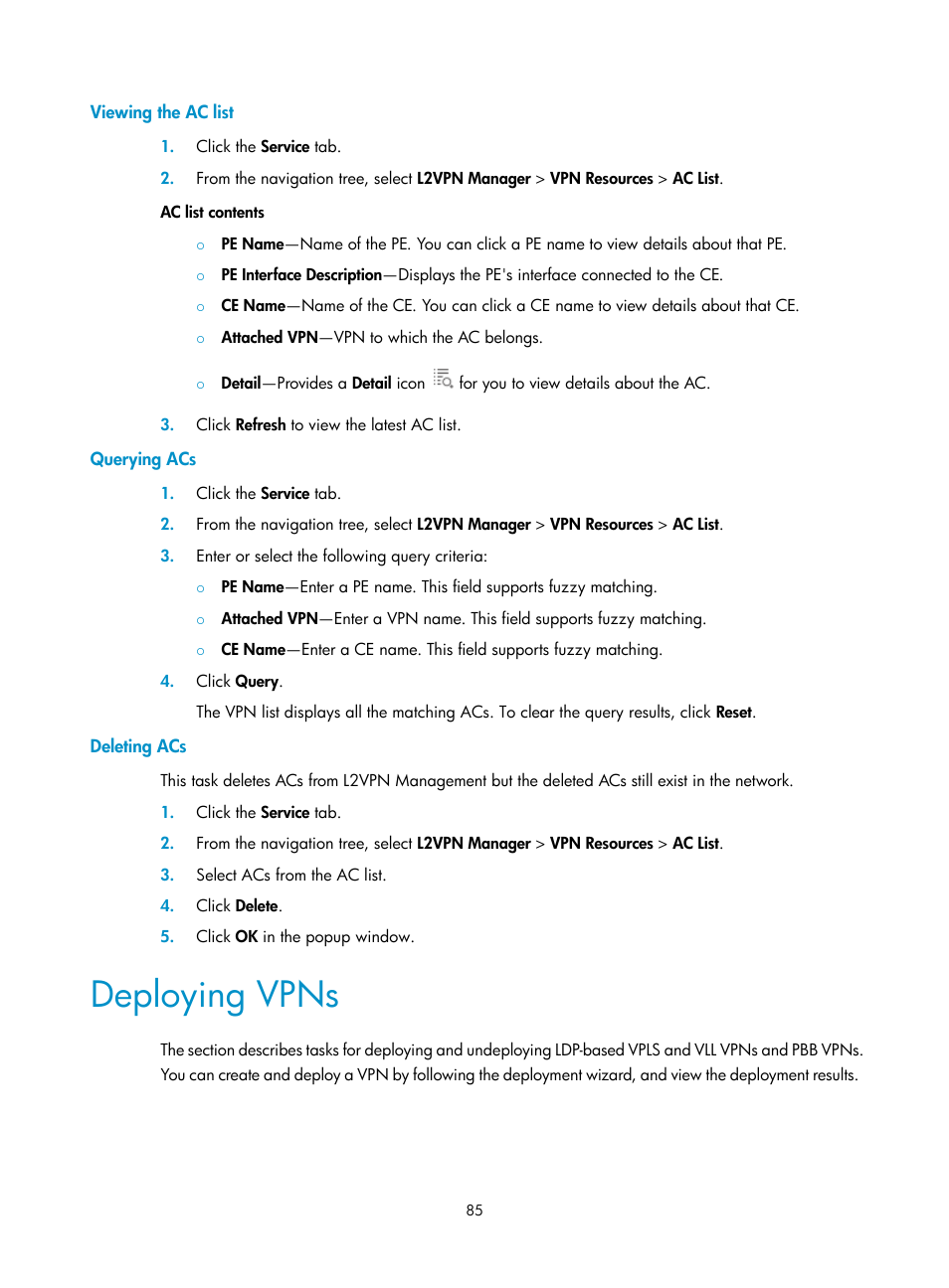 Viewing the ac list, Querying acs, Deleting acs | Deploying vpns | H3C Technologies H3C Intelligent Management Center User Manual | Page 95 / 273