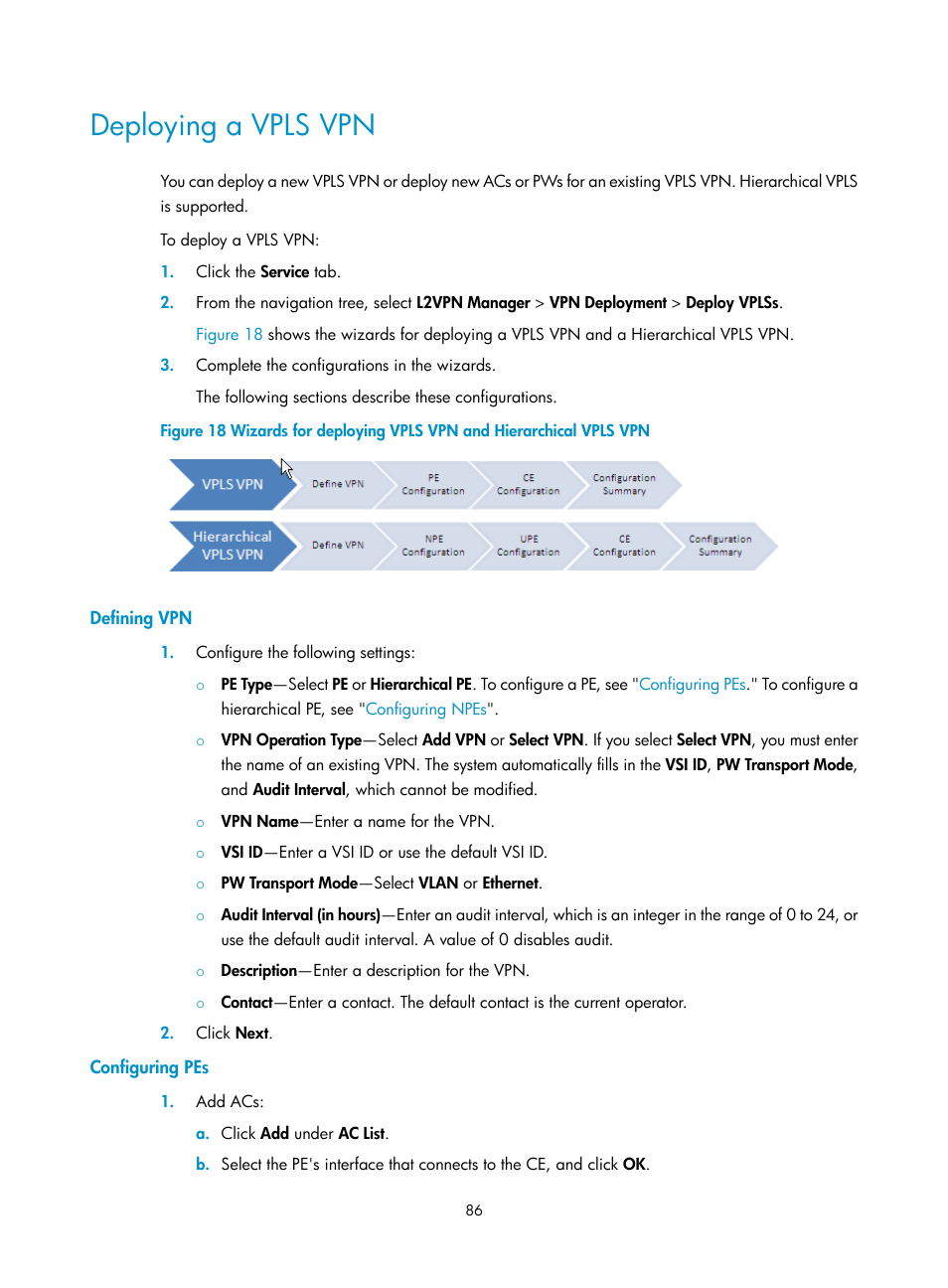 Deploying a vpls vpn, Defining vpn, Configuring pes | H3C Technologies H3C Intelligent Management Center User Manual | Page 96 / 273