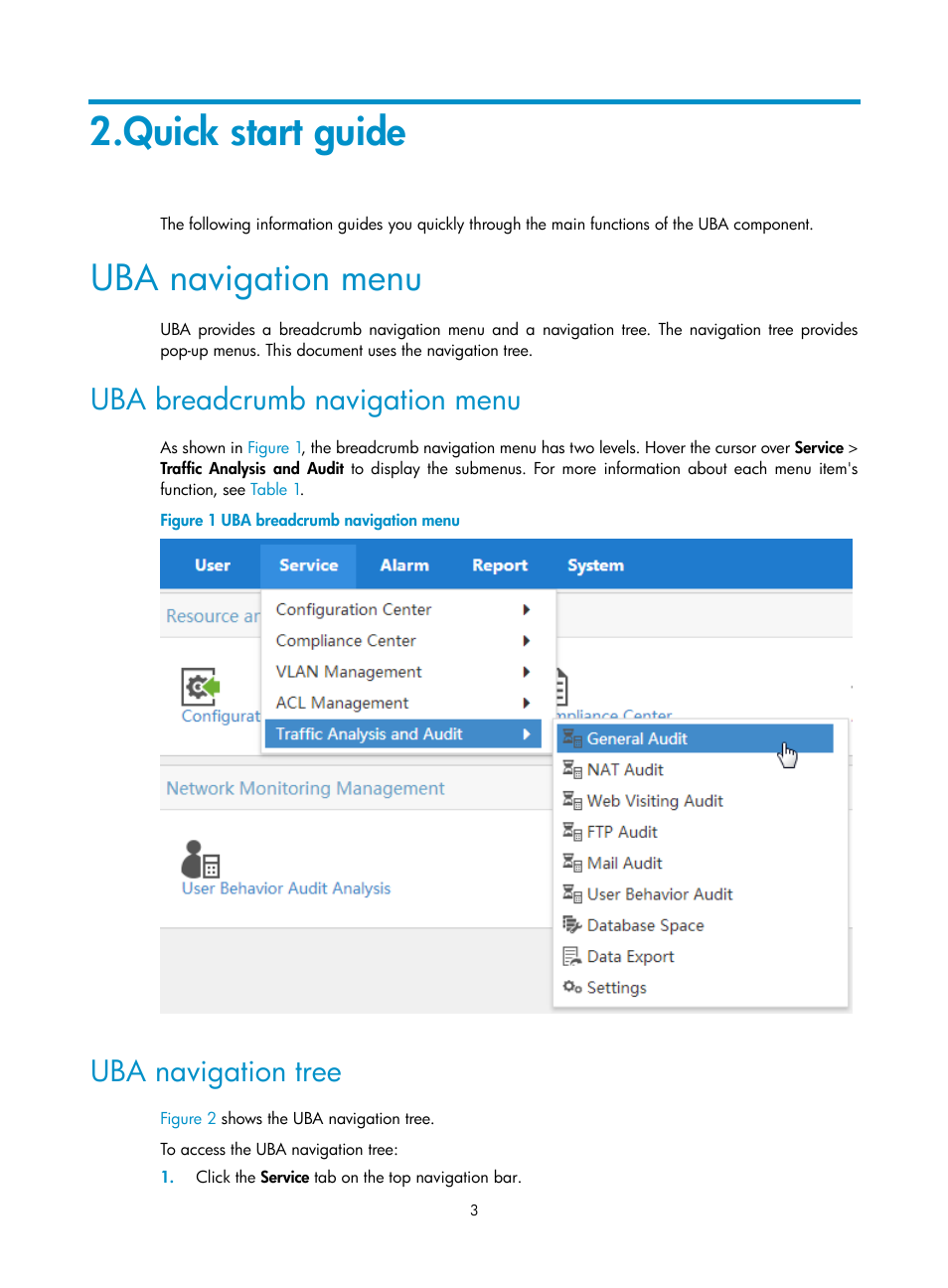 Quick start guide, Uba navigation menu, Uba breadcrumb navigation menu | Uba navigation tree | H3C Technologies H3C Intelligent Management Center User Manual | Page 12 / 84