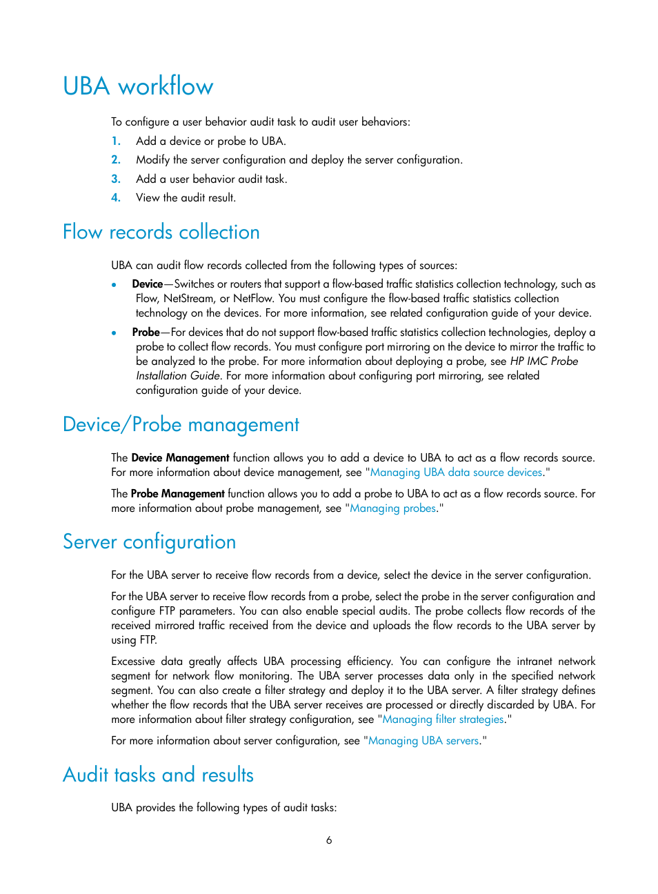 Uba workflow, Flow records collection, Device/probe management | Server configuration, Audit tasks and results | H3C Technologies H3C Intelligent Management Center User Manual | Page 15 / 84