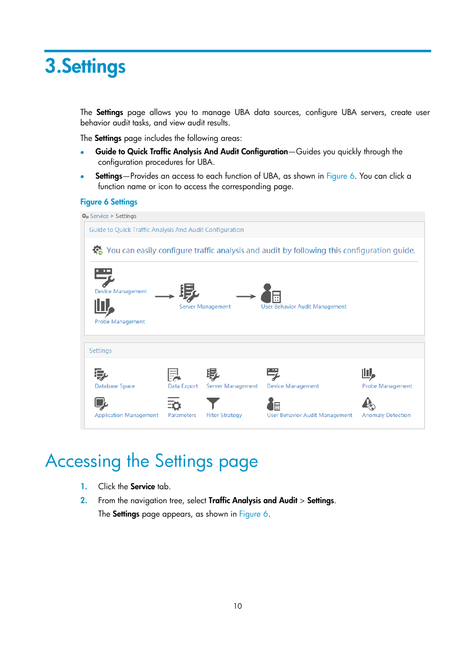 Settings, Accessing the settings page | H3C Technologies H3C Intelligent Management Center User Manual | Page 19 / 84