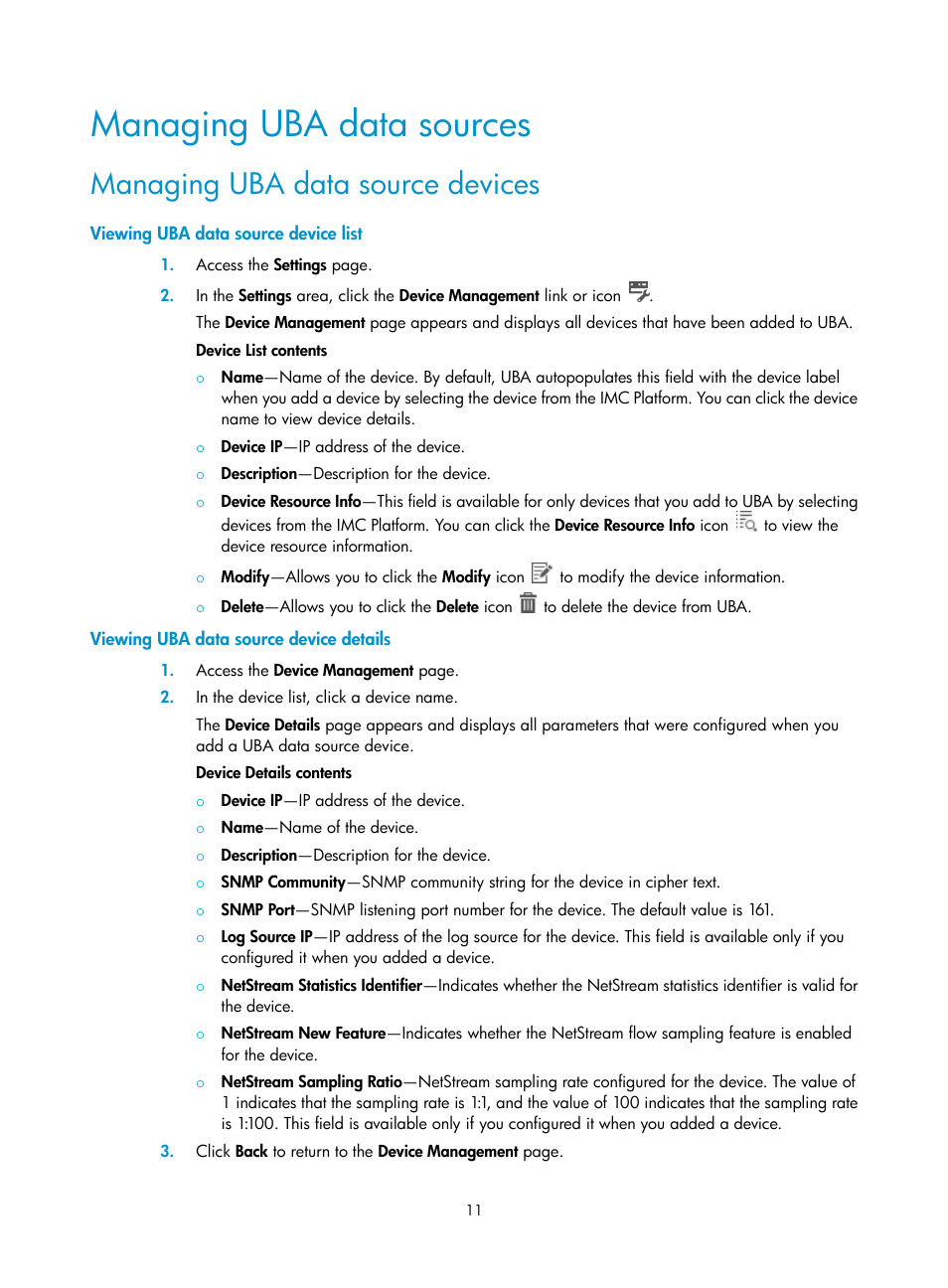 Managing uba data sources, Managing uba data source devices, Viewing uba data source device list | Viewing uba data source device details | H3C Technologies H3C Intelligent Management Center User Manual | Page 20 / 84