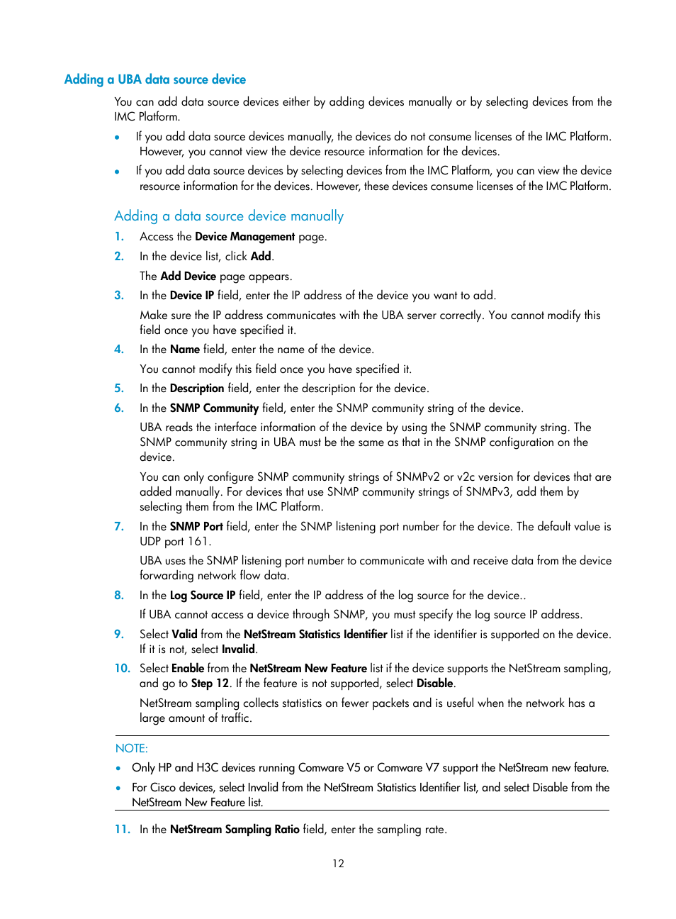 Adding a uba data source device, Adding a data source device manually | H3C Technologies H3C Intelligent Management Center User Manual | Page 21 / 84