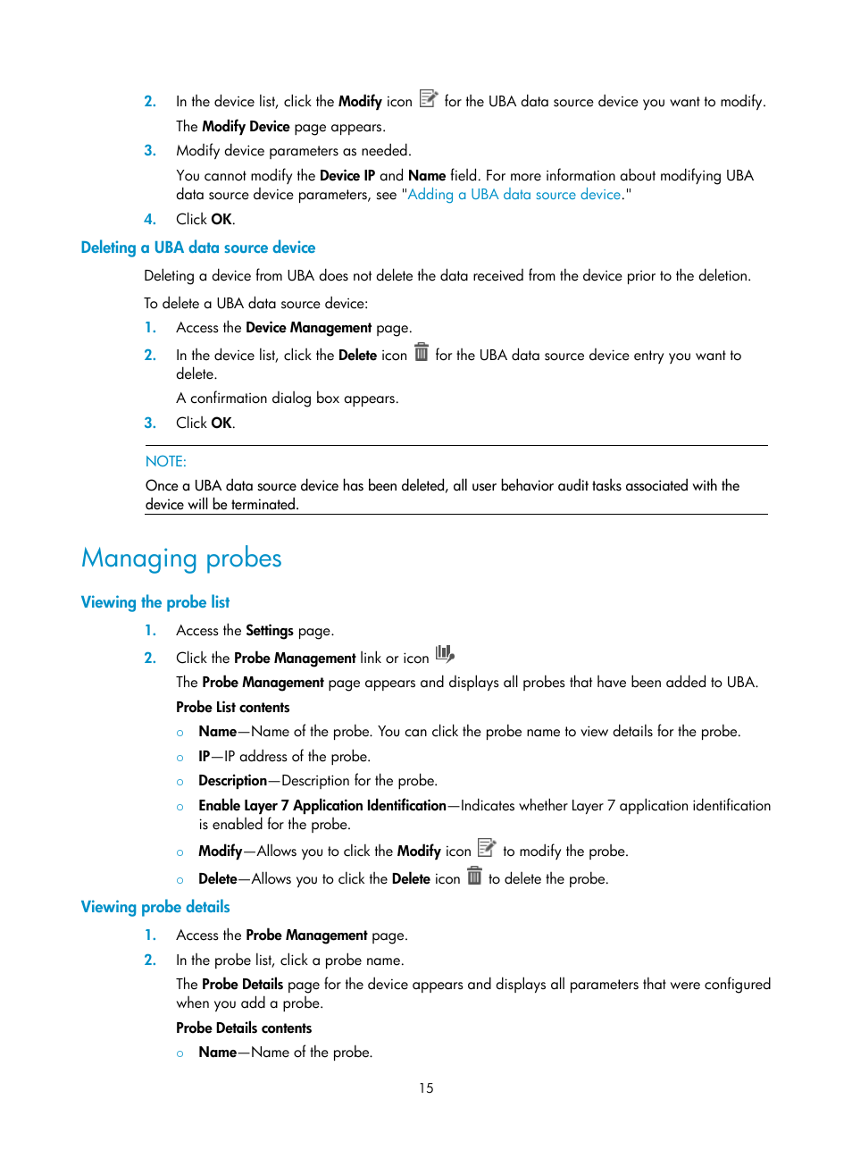 Deleting a uba data source device, Managing probes, Viewing the probe list | Viewing probe details | H3C Technologies H3C Intelligent Management Center User Manual | Page 24 / 84