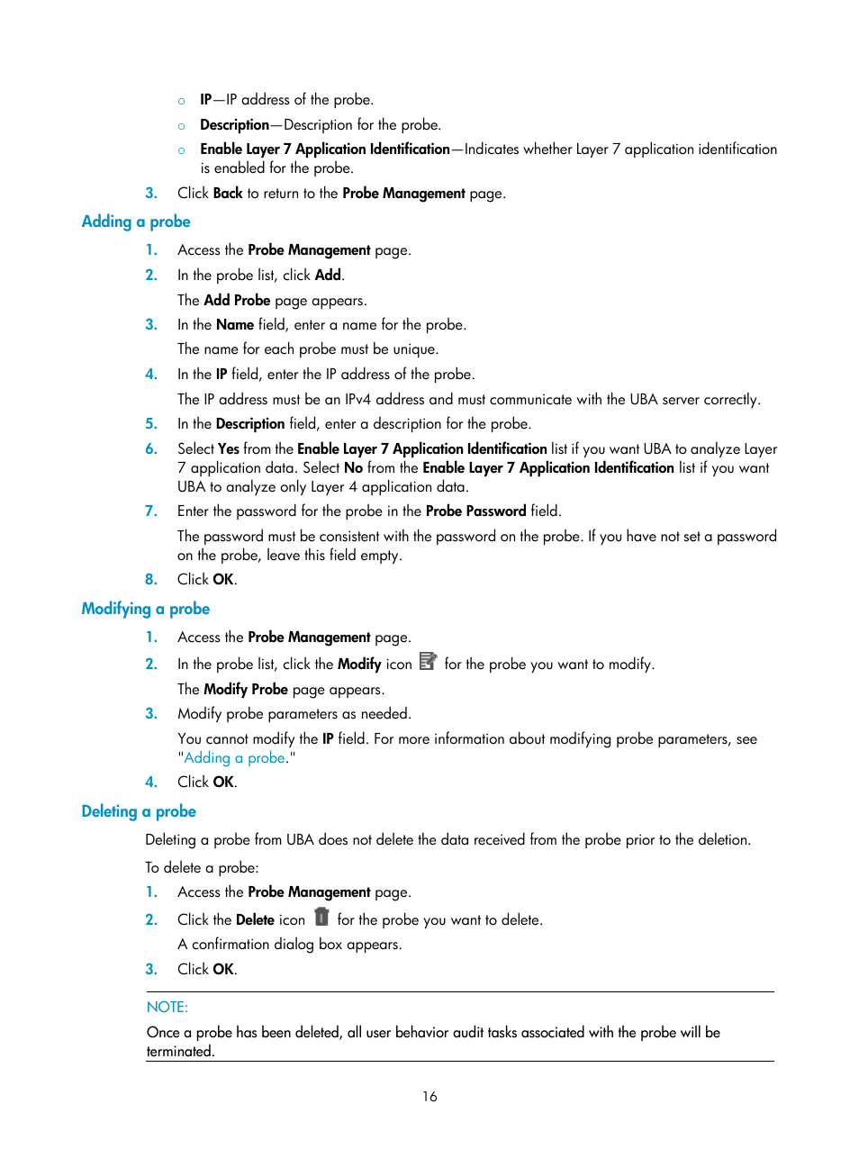 Adding a probe, Modifying a probe, Deleting a probe | H3C Technologies H3C Intelligent Management Center User Manual | Page 25 / 84