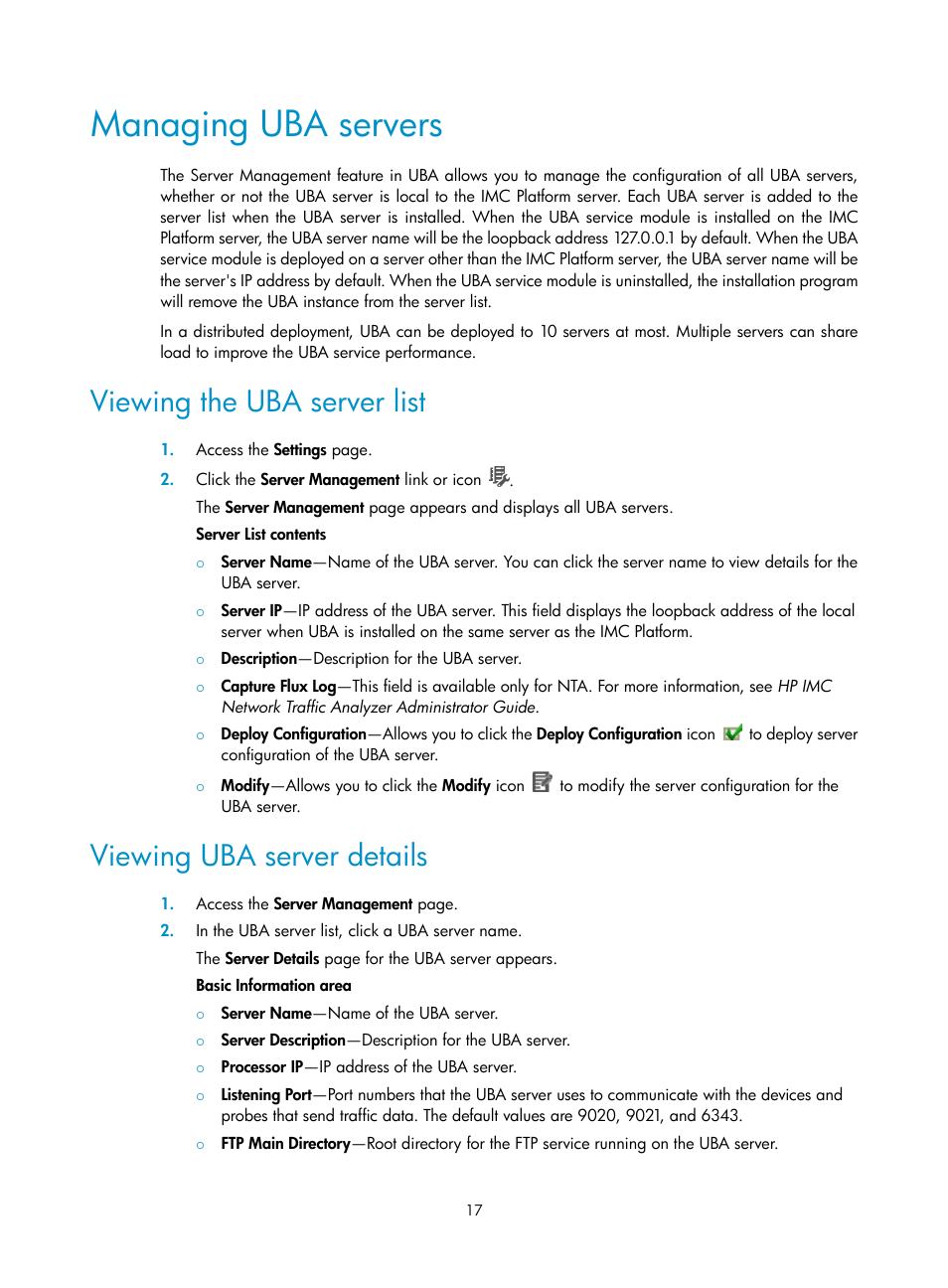 Managing uba servers, Viewing the uba server list, Viewing uba server details | H3C Technologies H3C Intelligent Management Center User Manual | Page 26 / 84