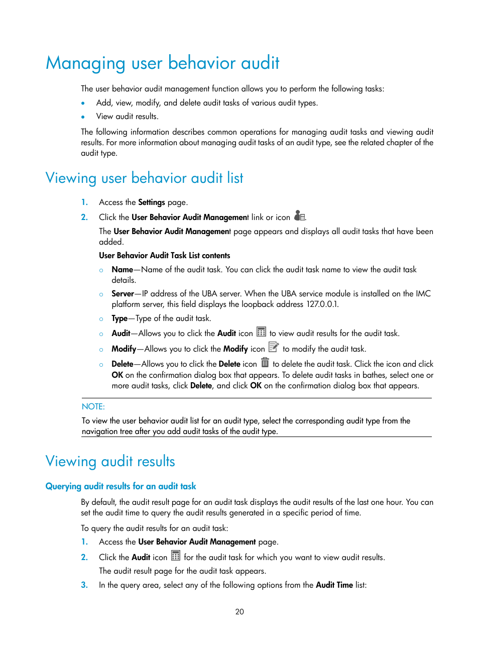 Managing user behavior audit, Viewing user behavior audit list, Viewing audit results | Querying audit results for an audit task | H3C Technologies H3C Intelligent Management Center User Manual | Page 29 / 84