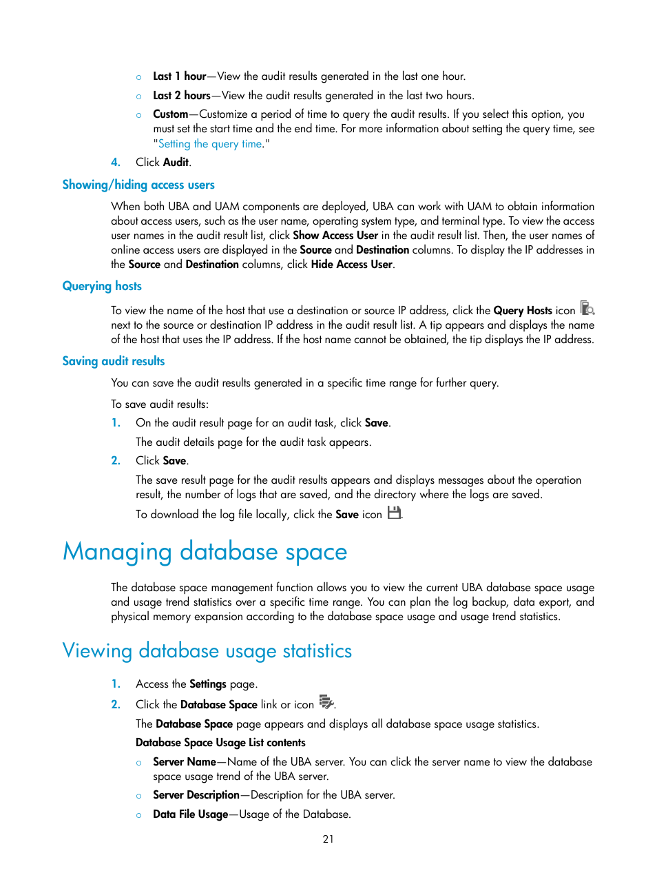 Showing/hiding access users, Querying hosts, Saving audit results | Managing database space, Viewing database usage statistics, For more i | H3C Technologies H3C Intelligent Management Center User Manual | Page 30 / 84