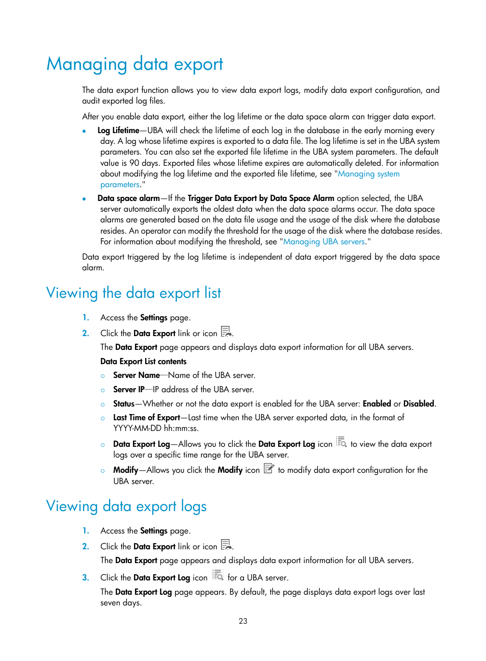 Managing data export, Viewing the data export list, Viewing data export logs | H3C Technologies H3C Intelligent Management Center User Manual | Page 32 / 84