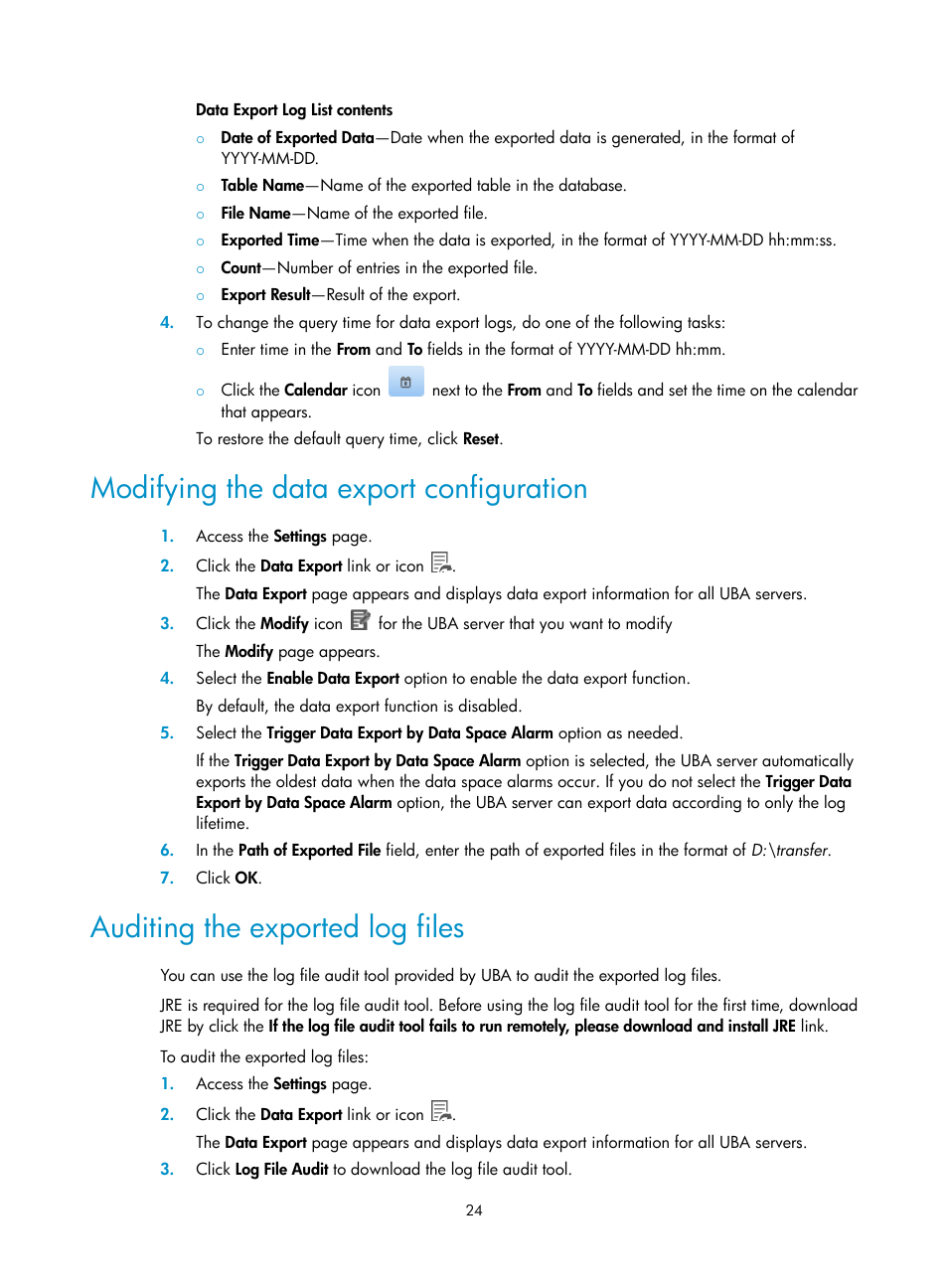 Modifying the data export configuration, Auditing the exported log files | H3C Technologies H3C Intelligent Management Center User Manual | Page 33 / 84