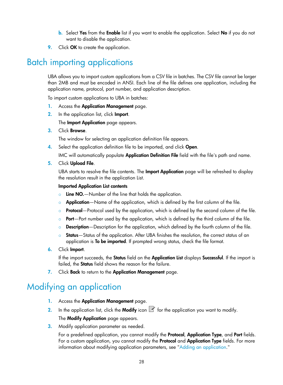 Batch importing applications, Modifying an application | H3C Technologies H3C Intelligent Management Center User Manual | Page 37 / 84