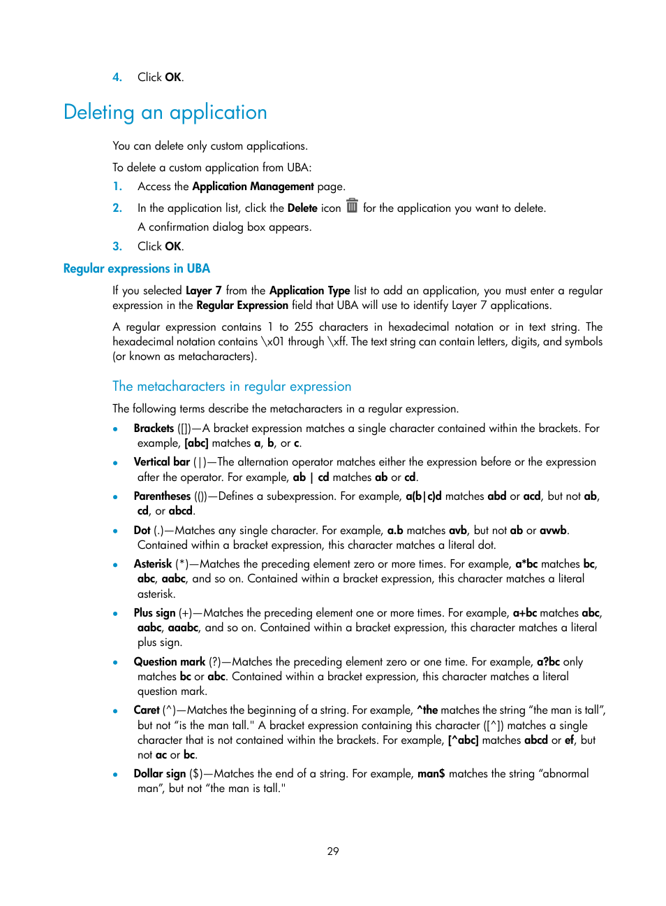 Deleting an application, Regular expressions in uba, The metacharacters in regular expression | Lar expressions, see, Regular, Expressions in uba | H3C Technologies H3C Intelligent Management Center User Manual | Page 38 / 84