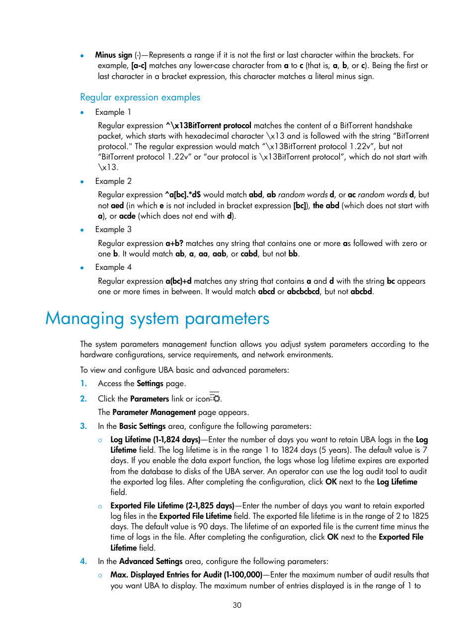 Regular expression examples, Managing system parameters, Managing system | Parameters | H3C Technologies H3C Intelligent Management Center User Manual | Page 39 / 84