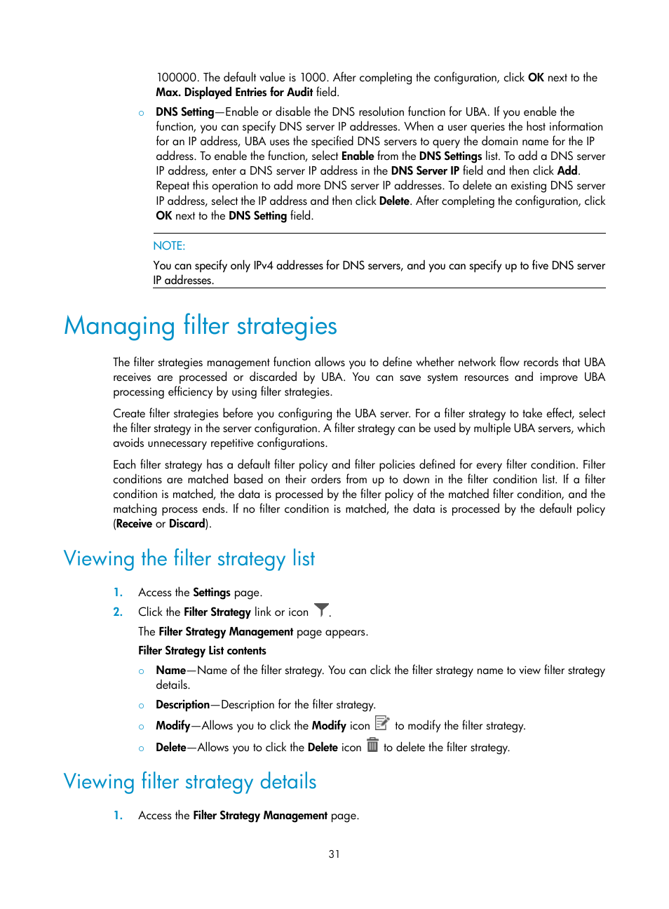 Managing filter strategies, Viewing the filter strategy list, Viewing filter strategy details | H3C Technologies H3C Intelligent Management Center User Manual | Page 40 / 84