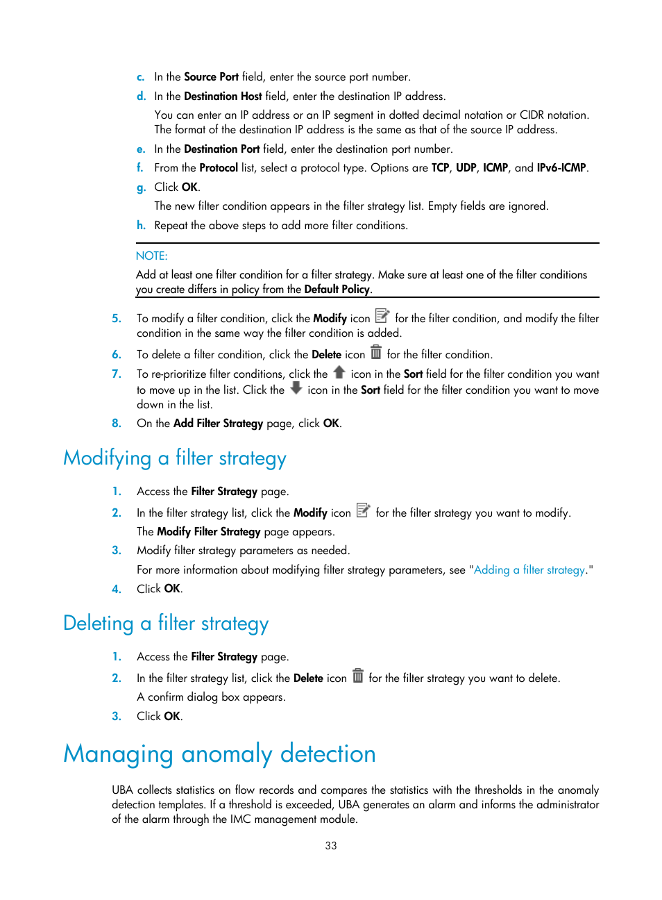 Modifying a filter strategy, Deleting a filter strategy, Managing anomaly detection | H3C Technologies H3C Intelligent Management Center User Manual | Page 42 / 84