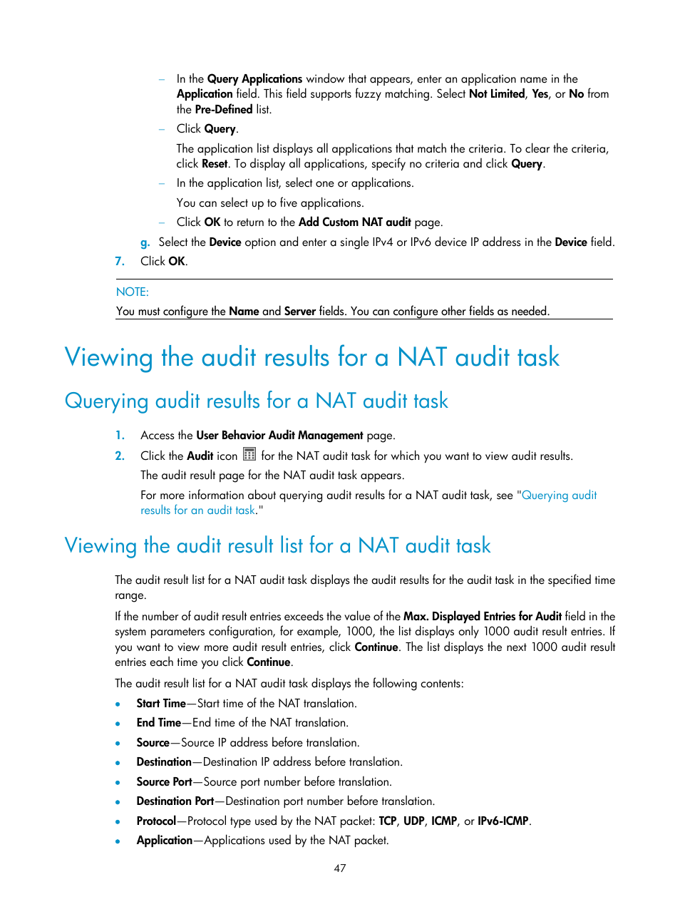 Viewing the audit results for a nat audit task, Querying audit results for a nat audit task, Viewing the audit result list for a nat audit task | H3C Technologies H3C Intelligent Management Center User Manual | Page 56 / 84