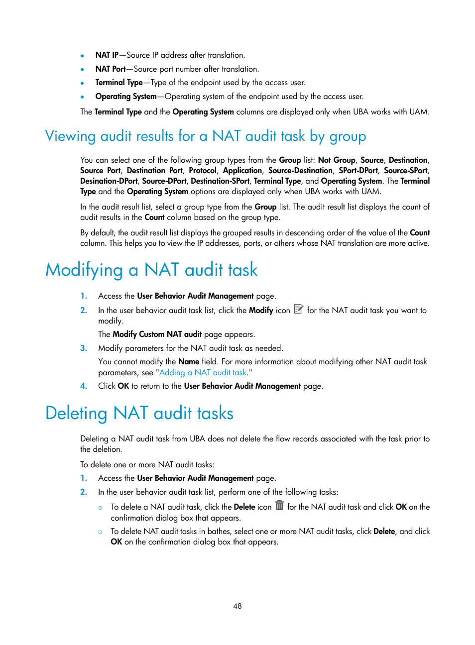 Modifying a nat audit task, Deleting nat audit tasks | H3C Technologies H3C Intelligent Management Center User Manual | Page 57 / 84