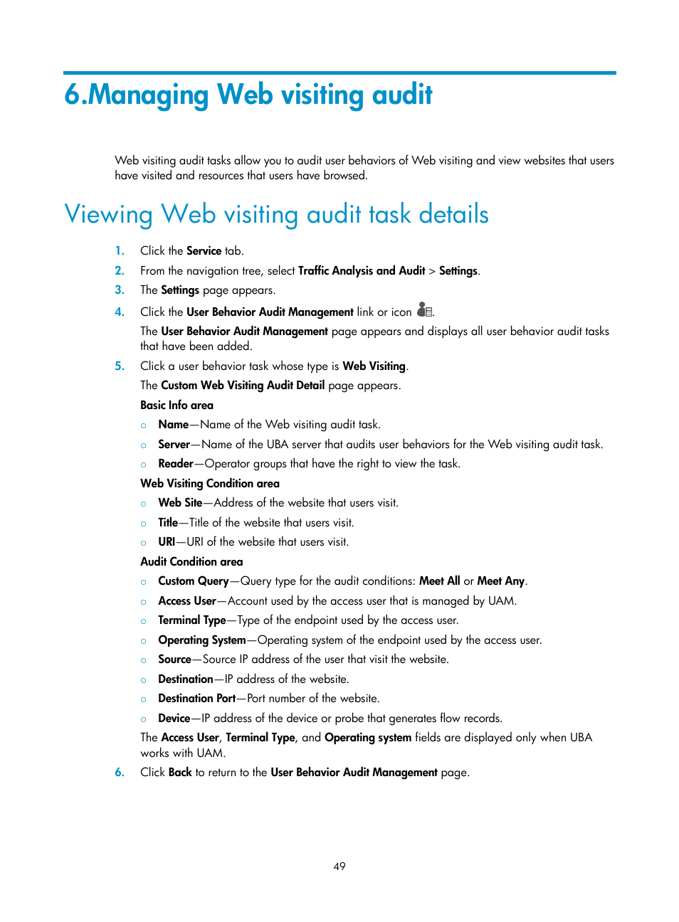 Managing web visiting audit, Viewing web visiting audit task details | H3C Technologies H3C Intelligent Management Center User Manual | Page 58 / 84