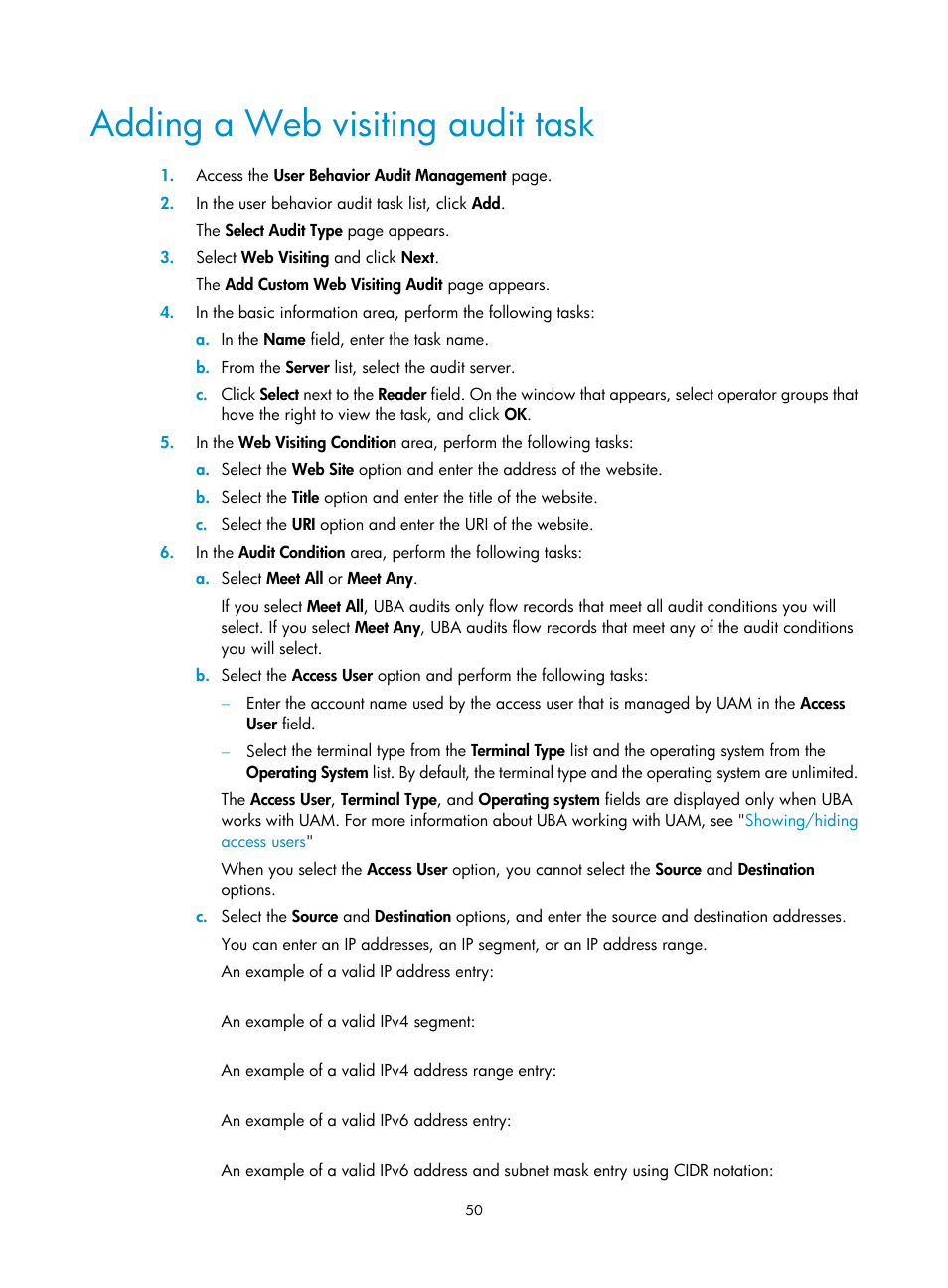 Adding a web visiting audit task | H3C Technologies H3C Intelligent Management Center User Manual | Page 59 / 84