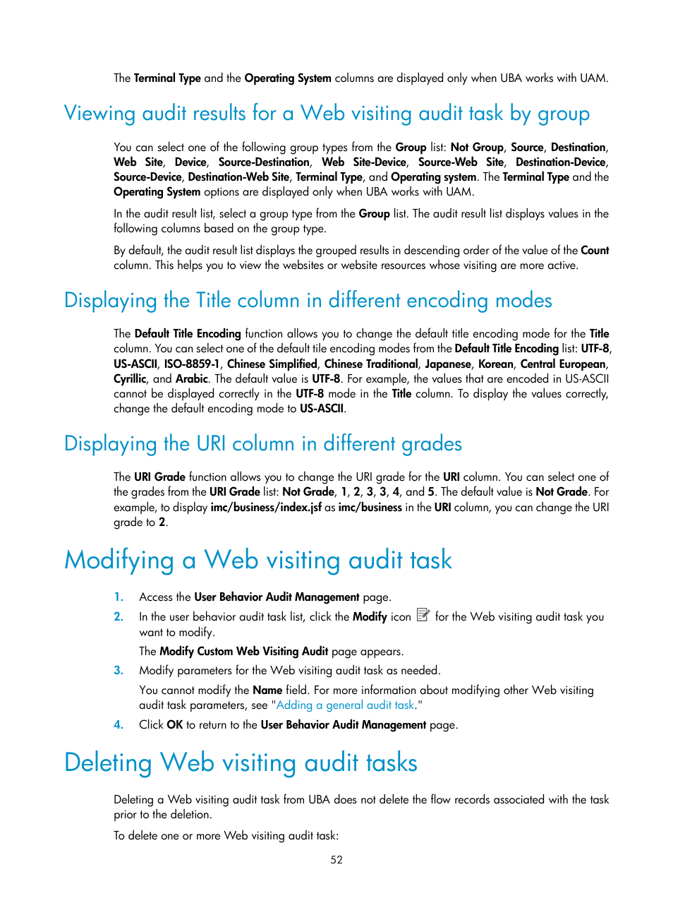 Displaying the uri column in different grades, Modifying a web visiting audit task, Deleting web visiting audit tasks | H3C Technologies H3C Intelligent Management Center User Manual | Page 61 / 84