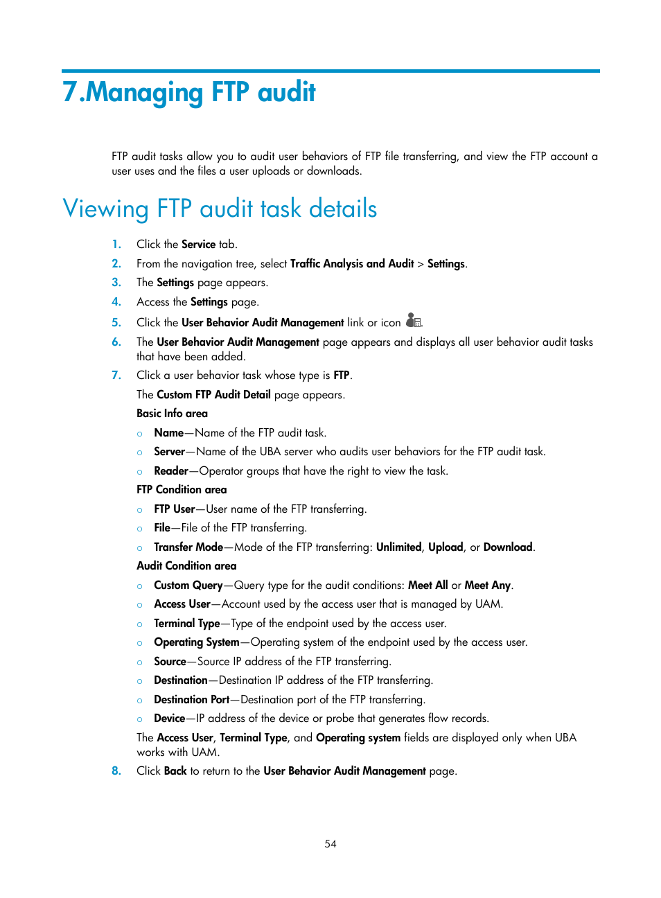 Managing ftp audit, Viewing ftp audit task details | H3C Technologies H3C Intelligent Management Center User Manual | Page 63 / 84