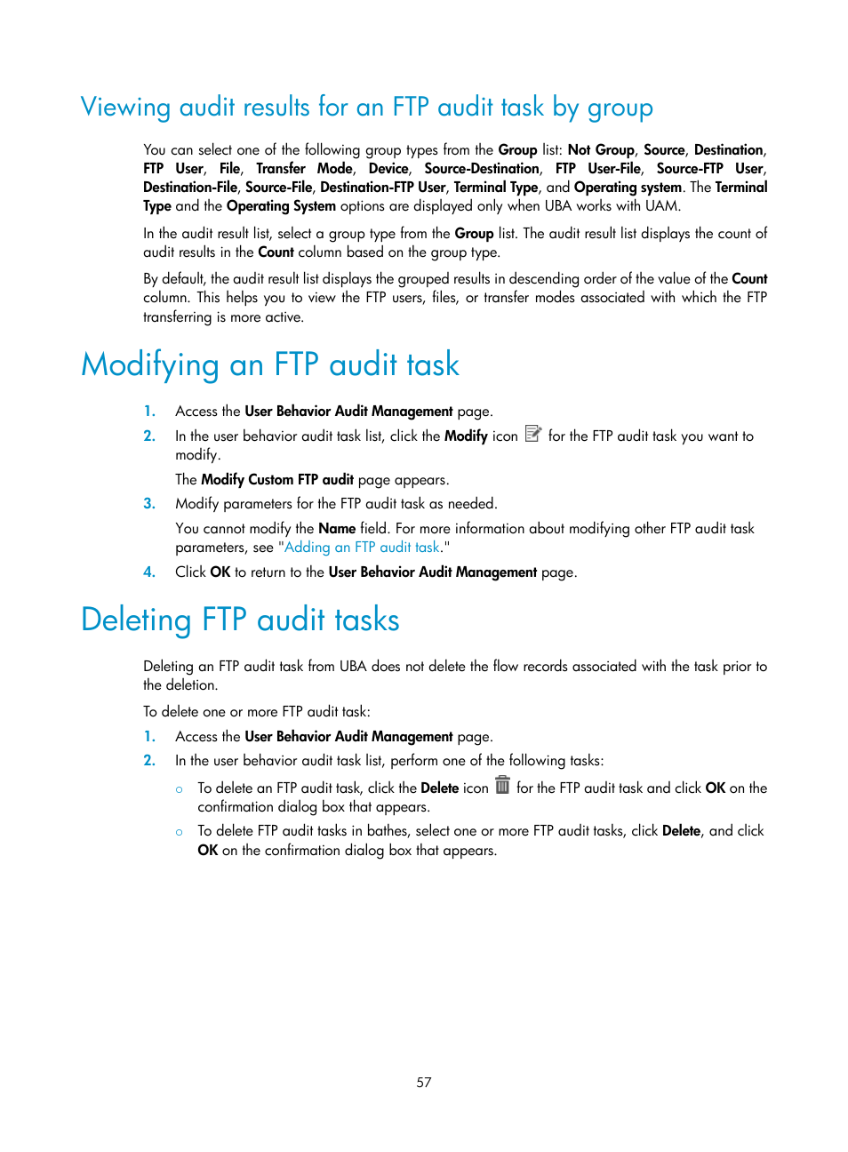 Modifying an ftp audit task, Deleting ftp audit tasks | H3C Technologies H3C Intelligent Management Center User Manual | Page 66 / 84