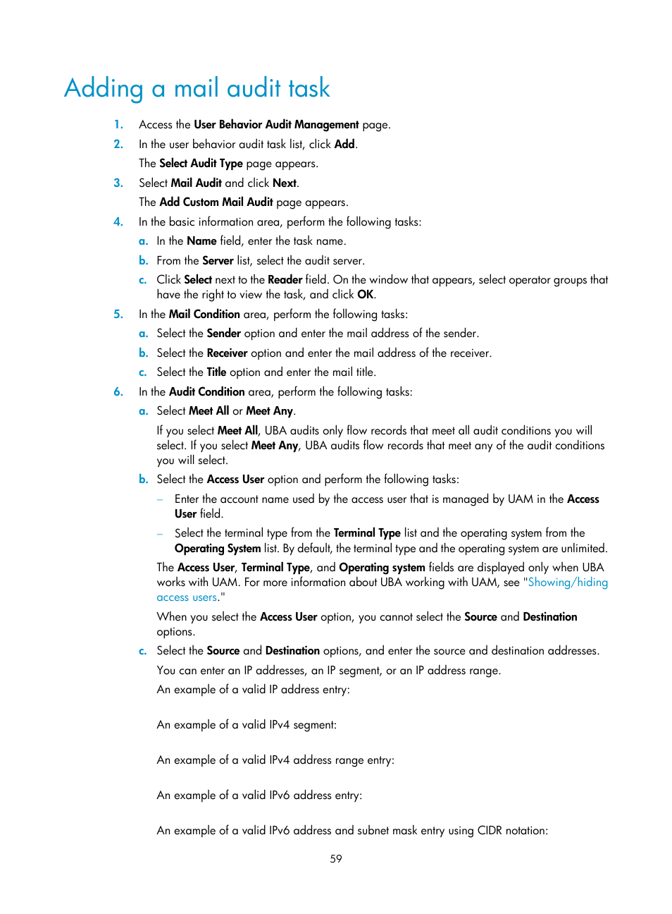 Adding a mail audit task | H3C Technologies H3C Intelligent Management Center User Manual | Page 68 / 84